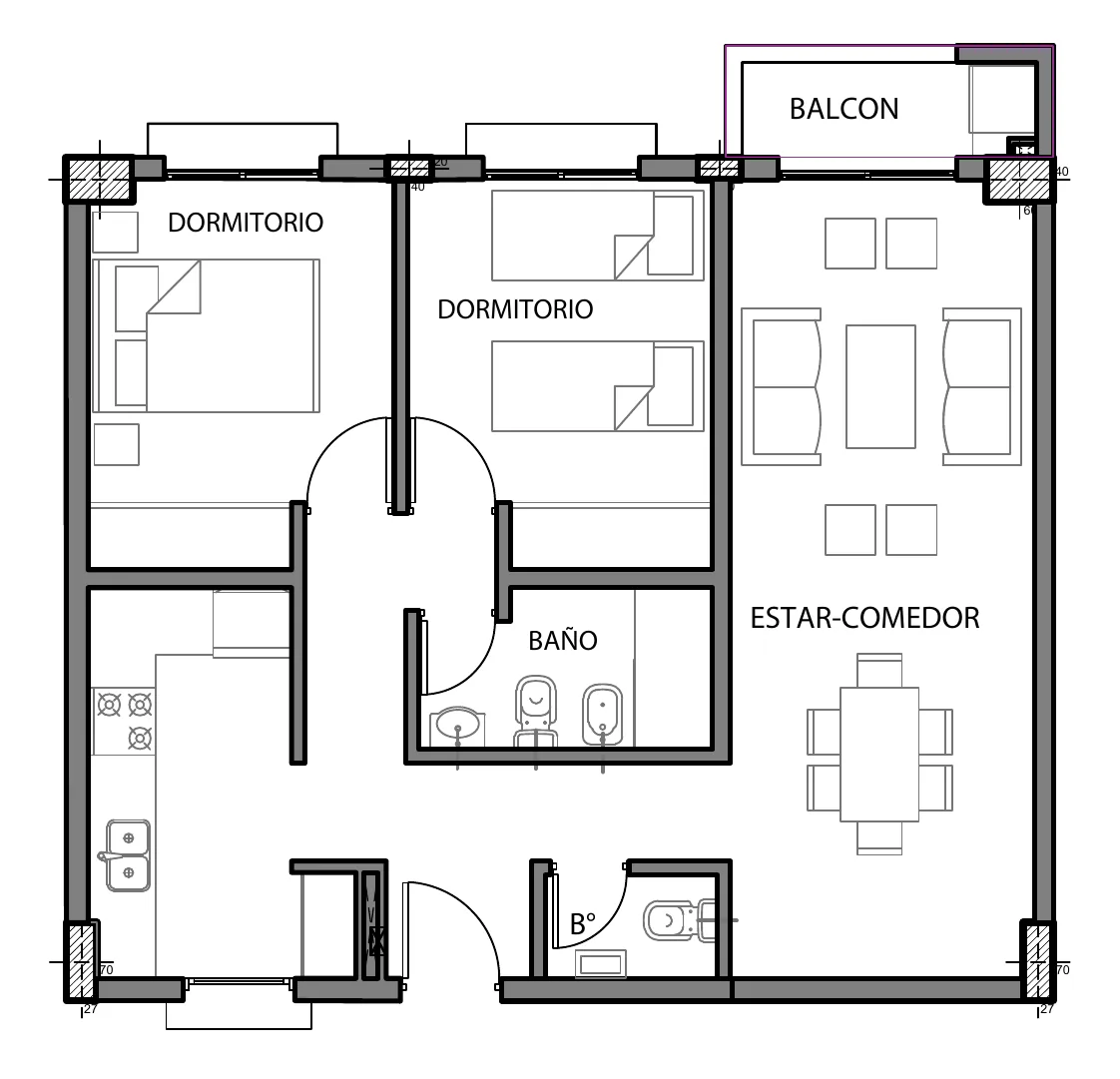 Planta de la unidad E: dos dormitorios, baño y toilette, estar-comedor, cocina y balcón