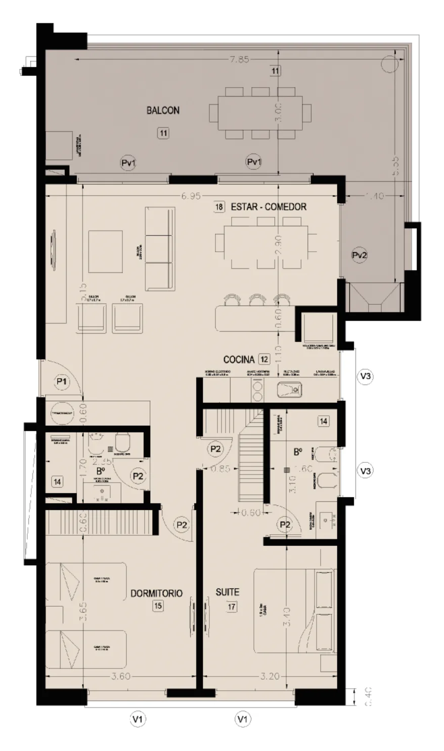 Planta de la tipología 1: balcón con mesa al frente, estar-comedor, cocina, dos baños, un dormitorio y una suite