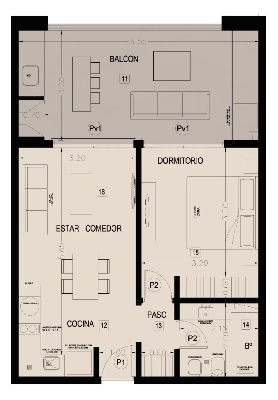 Planta de la tipología 3: balcón, estar-comedor, dormitorio, cocina, paso y baño