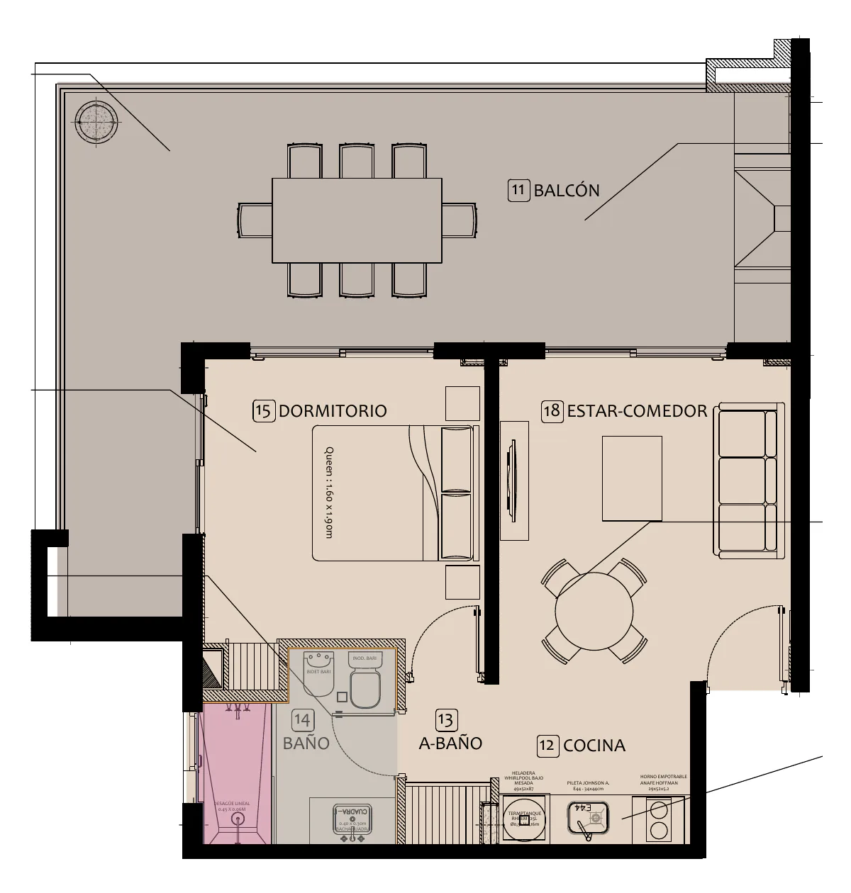 Planta de la tipología 7: balcón grande en L con mesa de comedor, dormitorio, estar-comedor, baño con antebaño y cocina