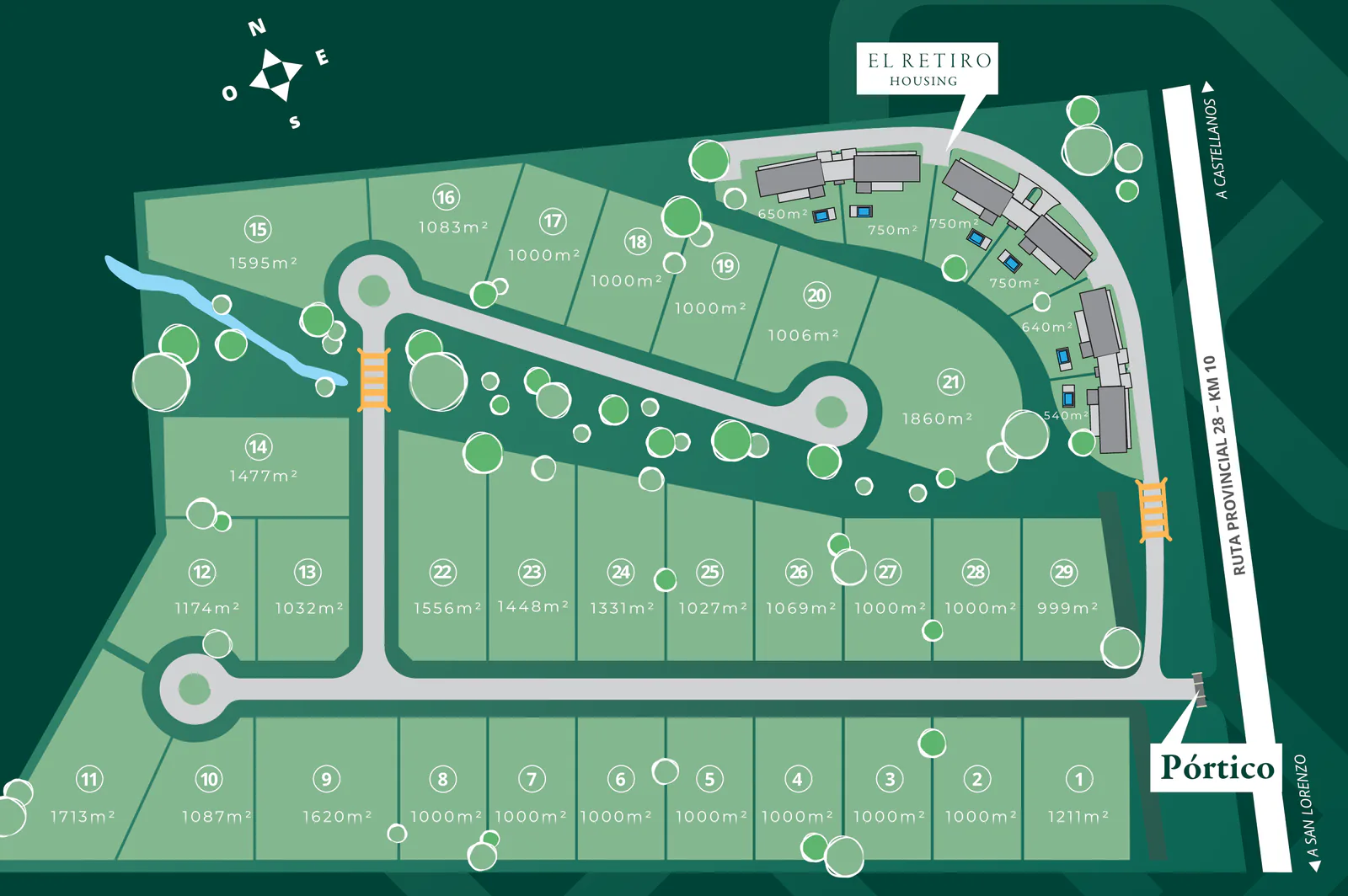 Plano del barrio El Retiro: lotes numerados con su superficie a lo largo de calles internas con rotondas, el pórtico sobre la Ruta Provincial 28 y el sector El Retiro Housing