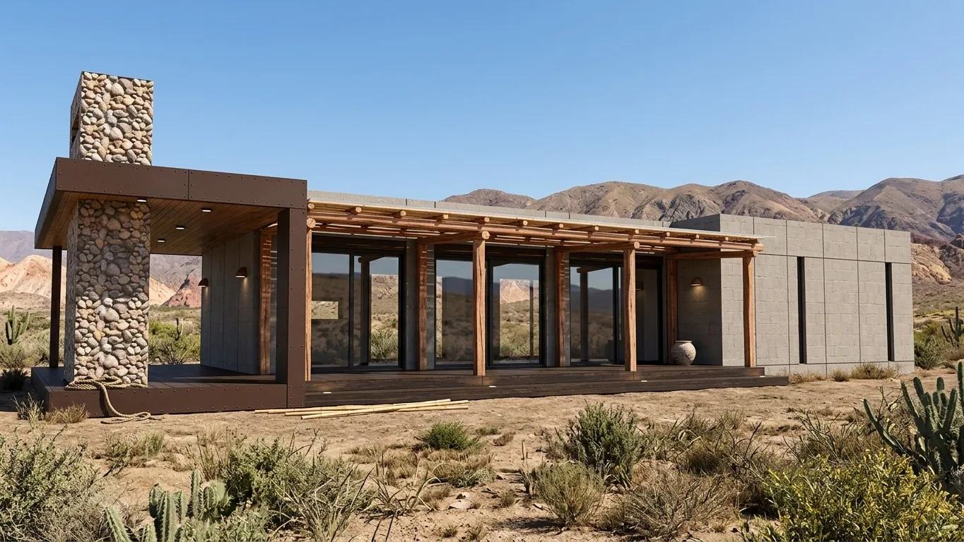 Render de una casa Ele Haus de una planta en un paisaje de valle: un volumen largo con el frente vidriado bajo una galería de vigas de madera, una chimenea de piedra en un extremo y un bloque gris en el otro. Alrededor hay arbustos secos y cardones, y al fondo, cerros rojizos bajo el cielo despejado.