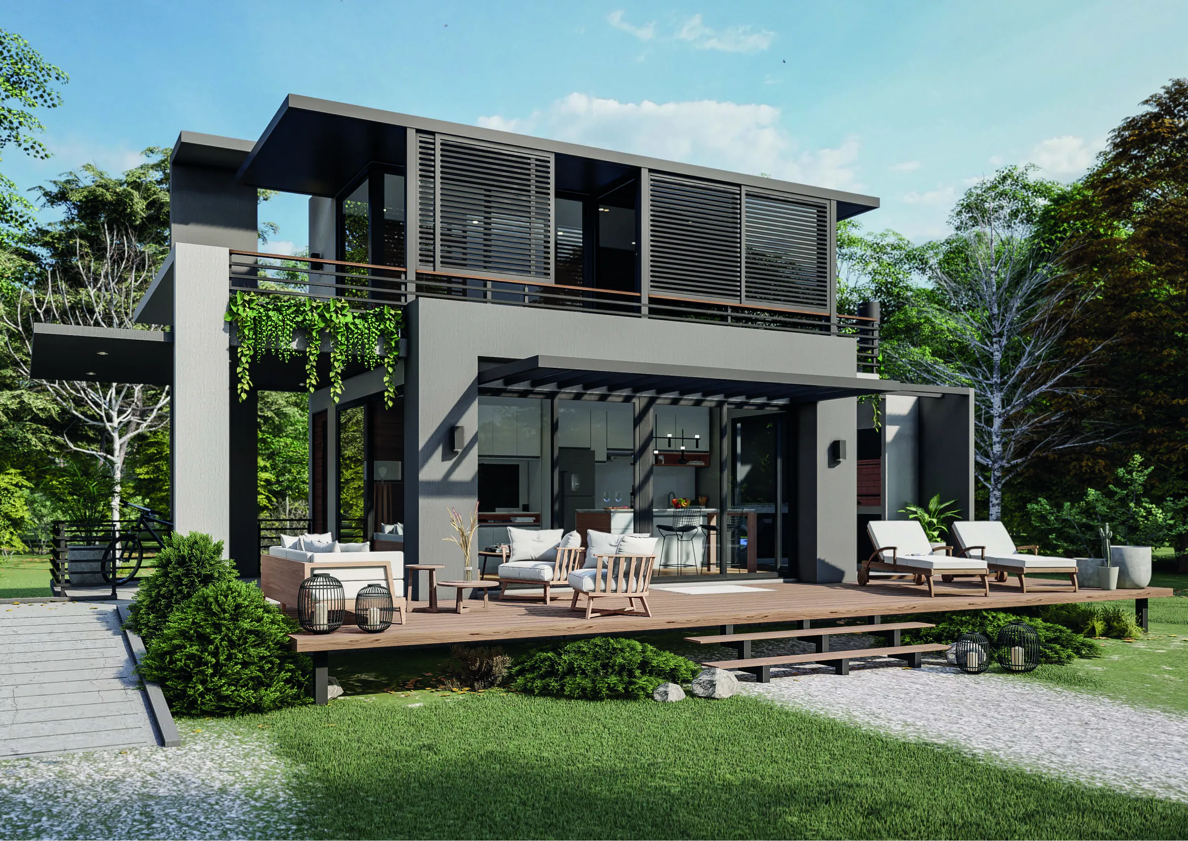 Render de la tipología D de Ele Haus: casa gris de dos plantas con parasoles de lamas y baranda en la planta alta, cocina vidriada en planta baja y un deck de madera con sillones, reposeras y faroles, rodeada de árboles.