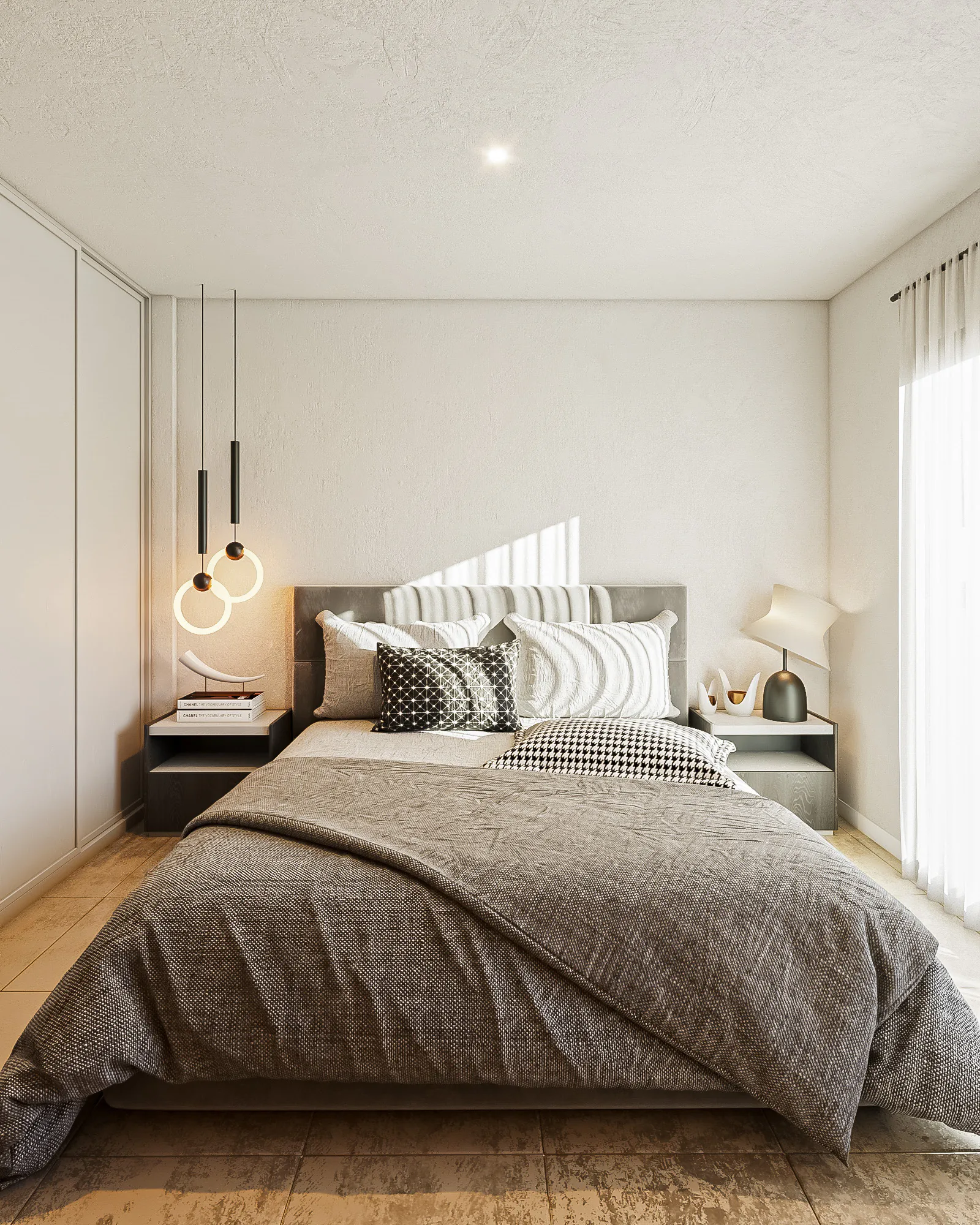 Dormitorio con cama doble de acolchado gris, mesas de luz con lámparas colgantes y placard blanco a la izquierda