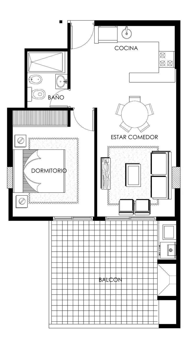Planta del departamento A de un dormitorio al frente, en el 2° piso: estar comedor, cocina, baño, dormitorio y un balcón grande