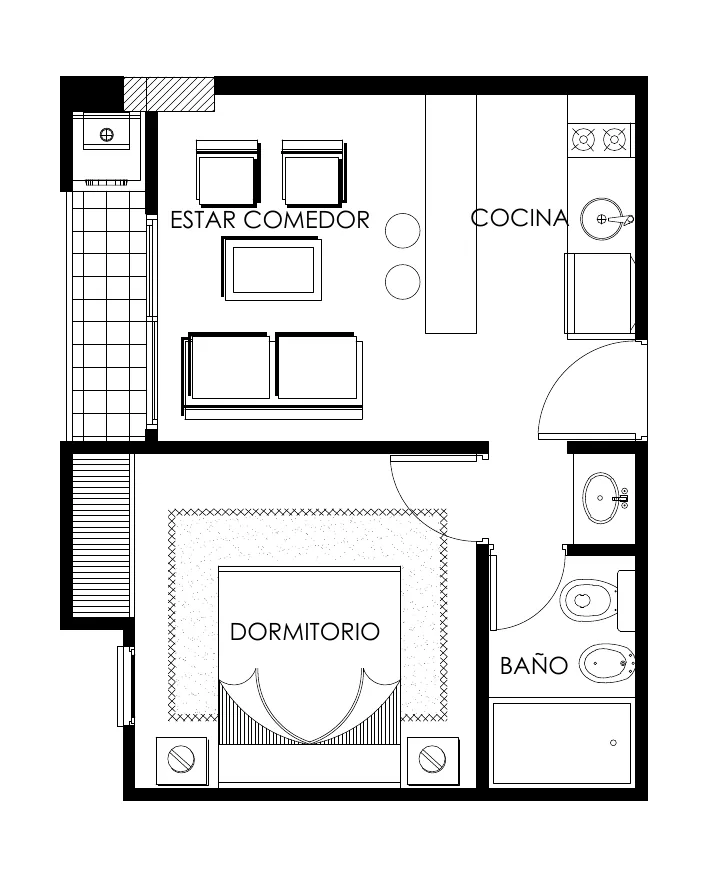 Planta del departamento D de un dormitorio, en el centro del edificio: estar comedor, cocina, baño, dormitorio y balcón chico