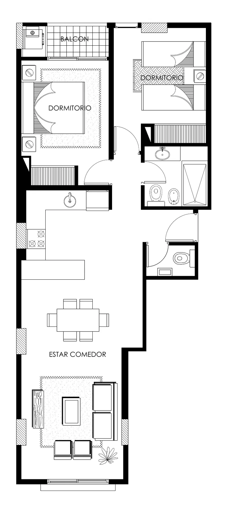 Planta del departamento B de dos dormitorios al frente, en el 3° piso: estar comedor, dos dormitorios y balcón