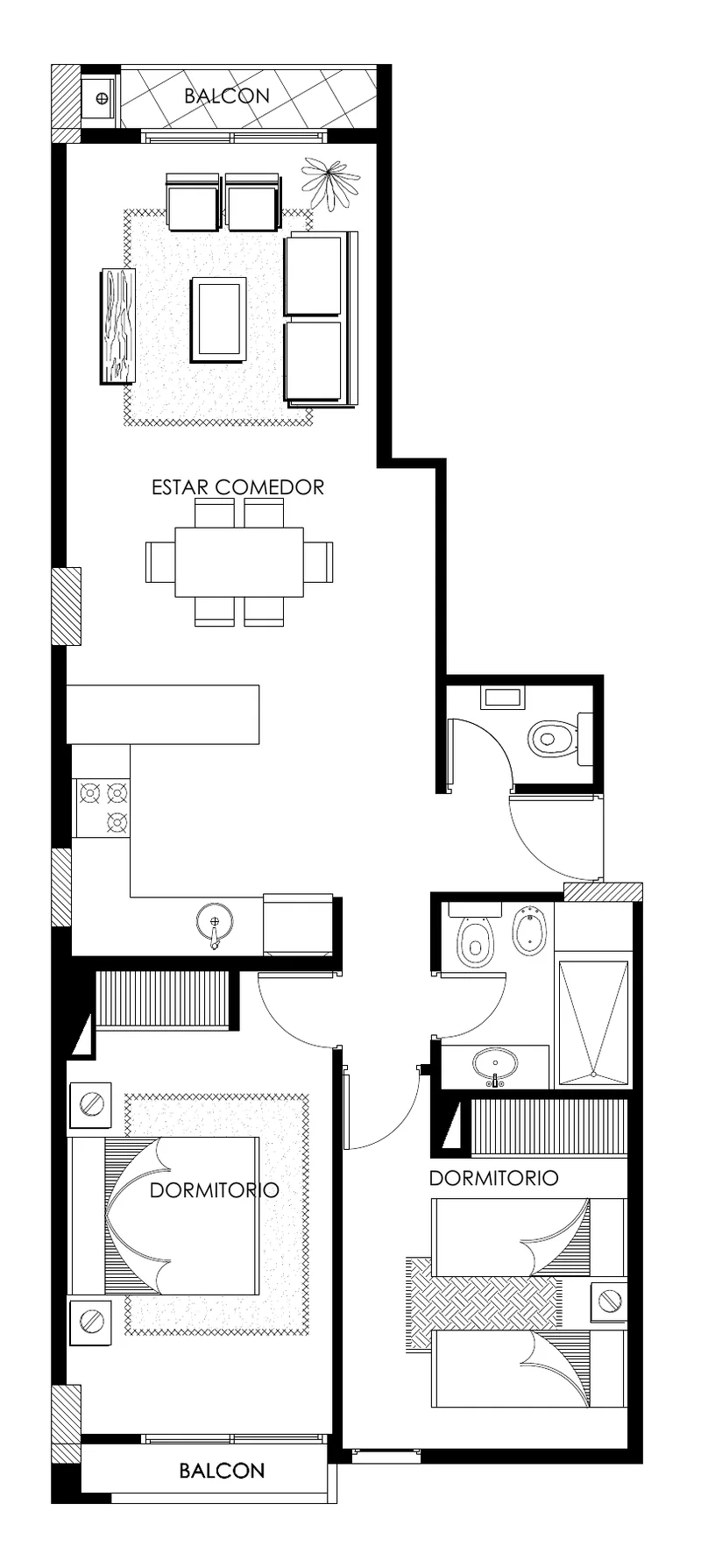 Planta del departamento G de dos dormitorios al contrafrente, del 1° al 3° piso: estar comedor, dos dormitorios y balcón