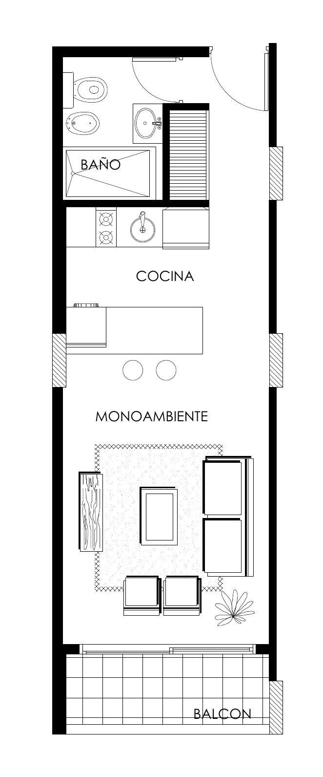 Planta del monoambiente B: un ambiente con cocina, baño y balcón hacia la avenida
