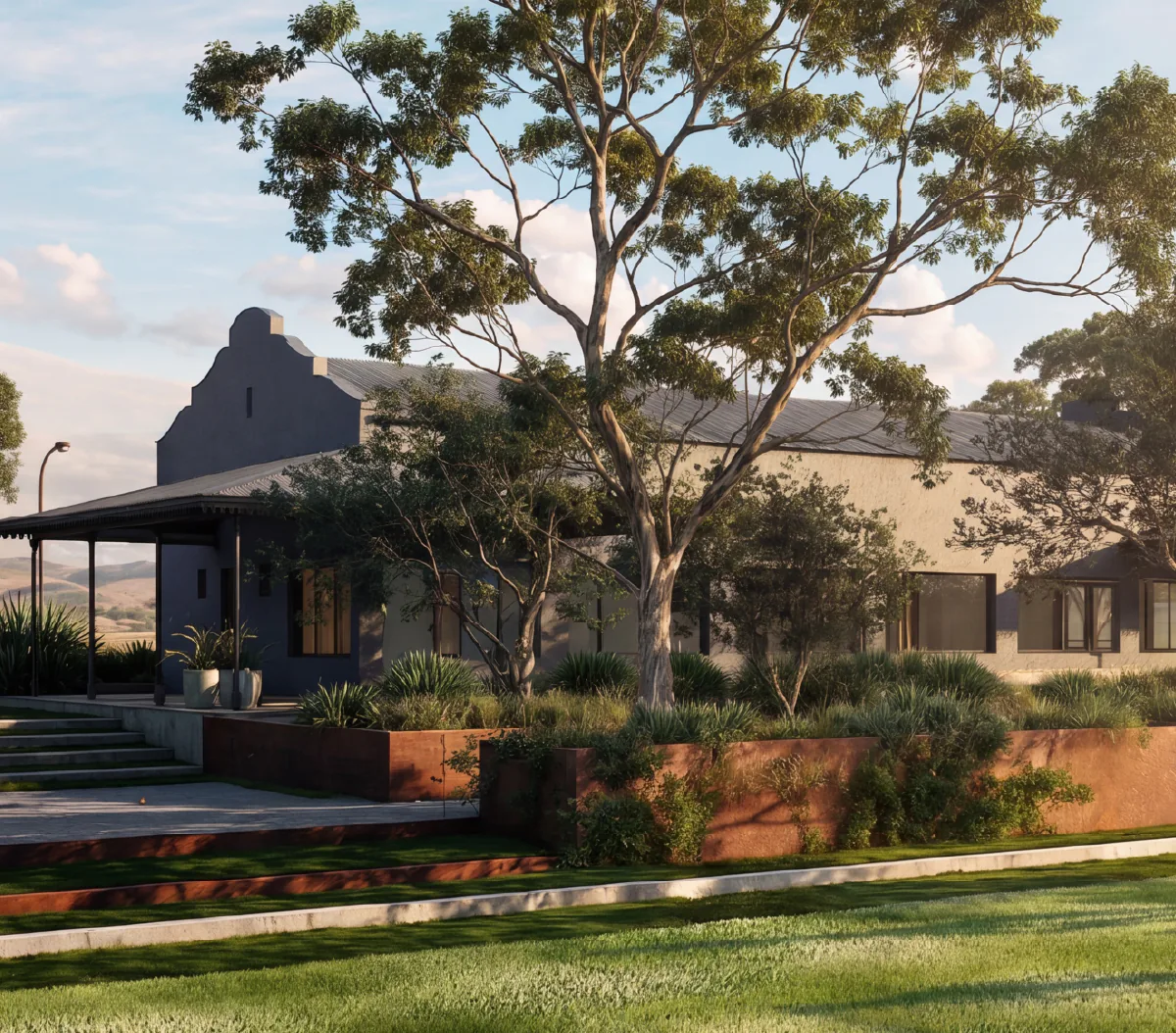 Render de un edificio del club: un frente con remate escalonado, una galería con columnas, un árbol grande, canteros de acero oxidado, escalones y césped adelante.