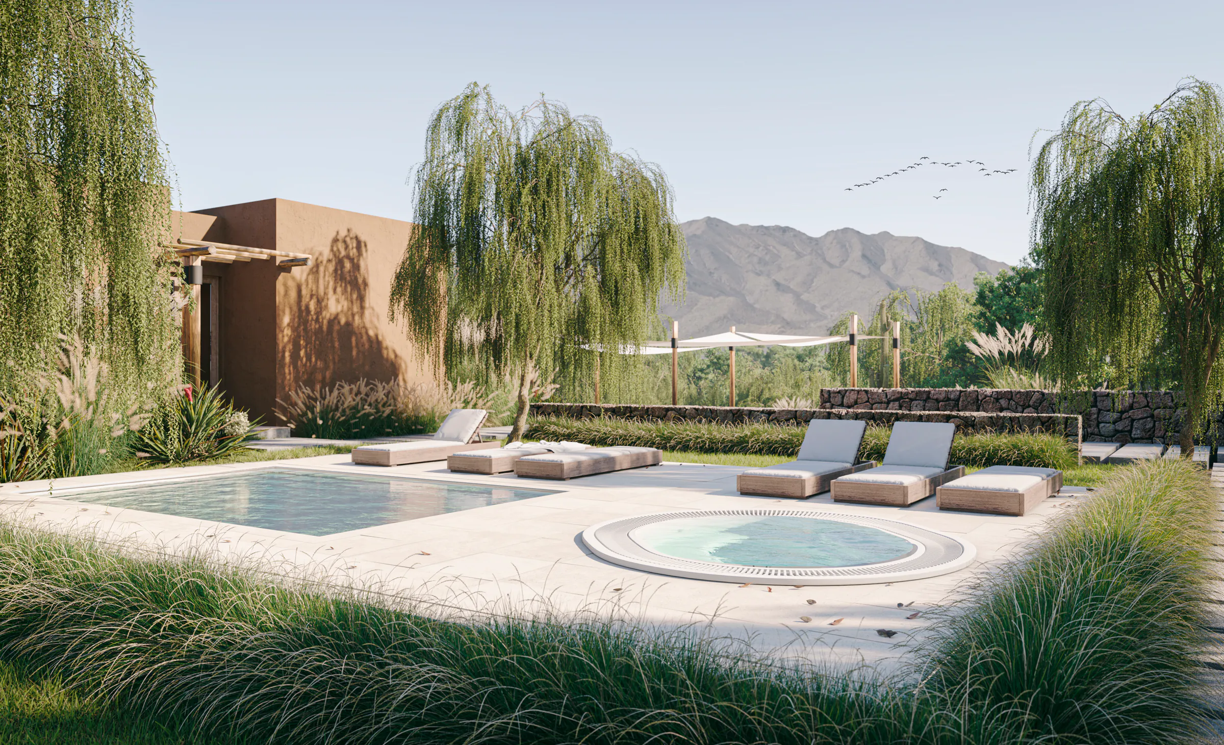 Pileta chica y jacuzzi circular sobre un solado claro, con reposeras, un sauce en el centro, un volumen de tierra con pérgola a la izquierda y un cerro al fondo
