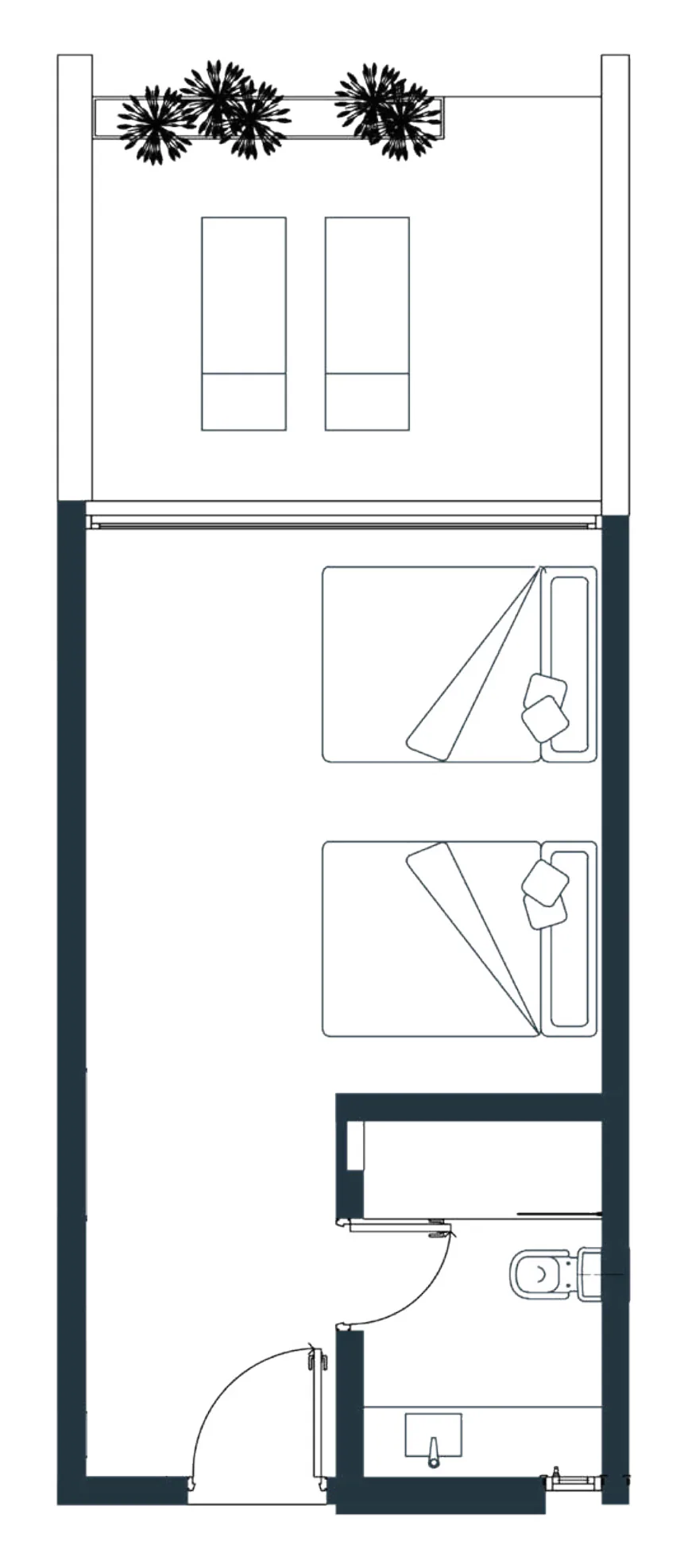Planta de la Junior Suite: galería exterior con dos reposeras y cantero, dormitorio con dos camas, baño y hall de ingreso