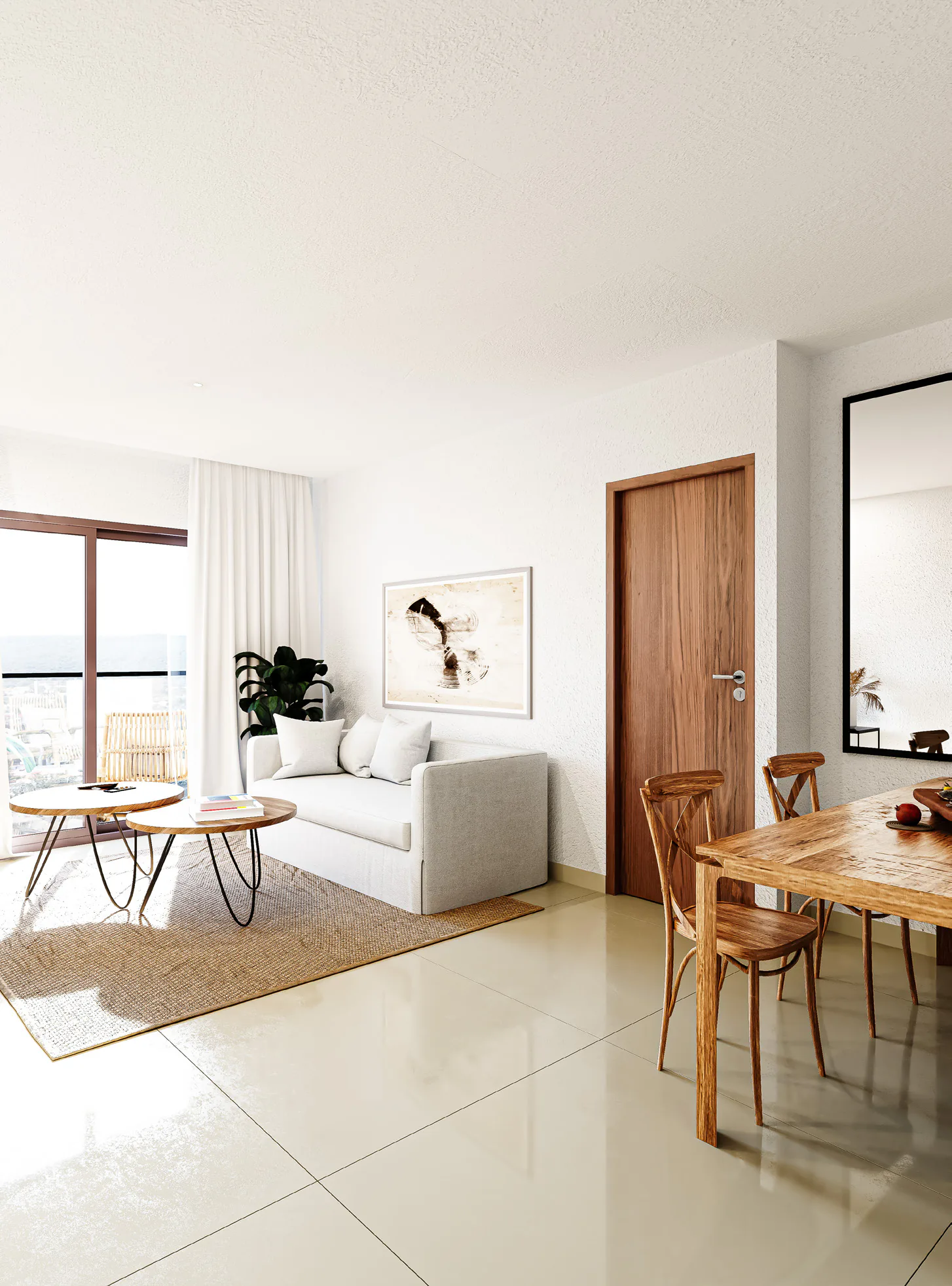 Estar-comedor con un sillón blanco, dos mesas ratonas redondas sobre una alfombra de fibra, una mesa de madera con sillas y un ventanal a un balcón con vista a la ciudad
