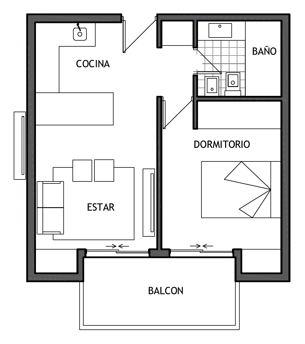 Planta de la unidad A: cocina, estar, dormitorio y baño, con un balcón ancho sobre el frente