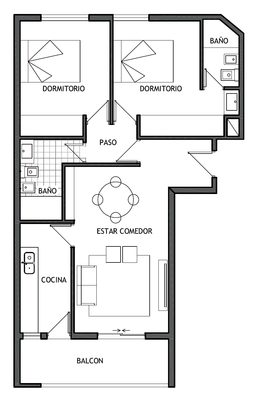 Planta de la unidad B: dos dormitorios, dos baños, paso, estar-comedor y cocina, con un balcón a lo ancho del frente