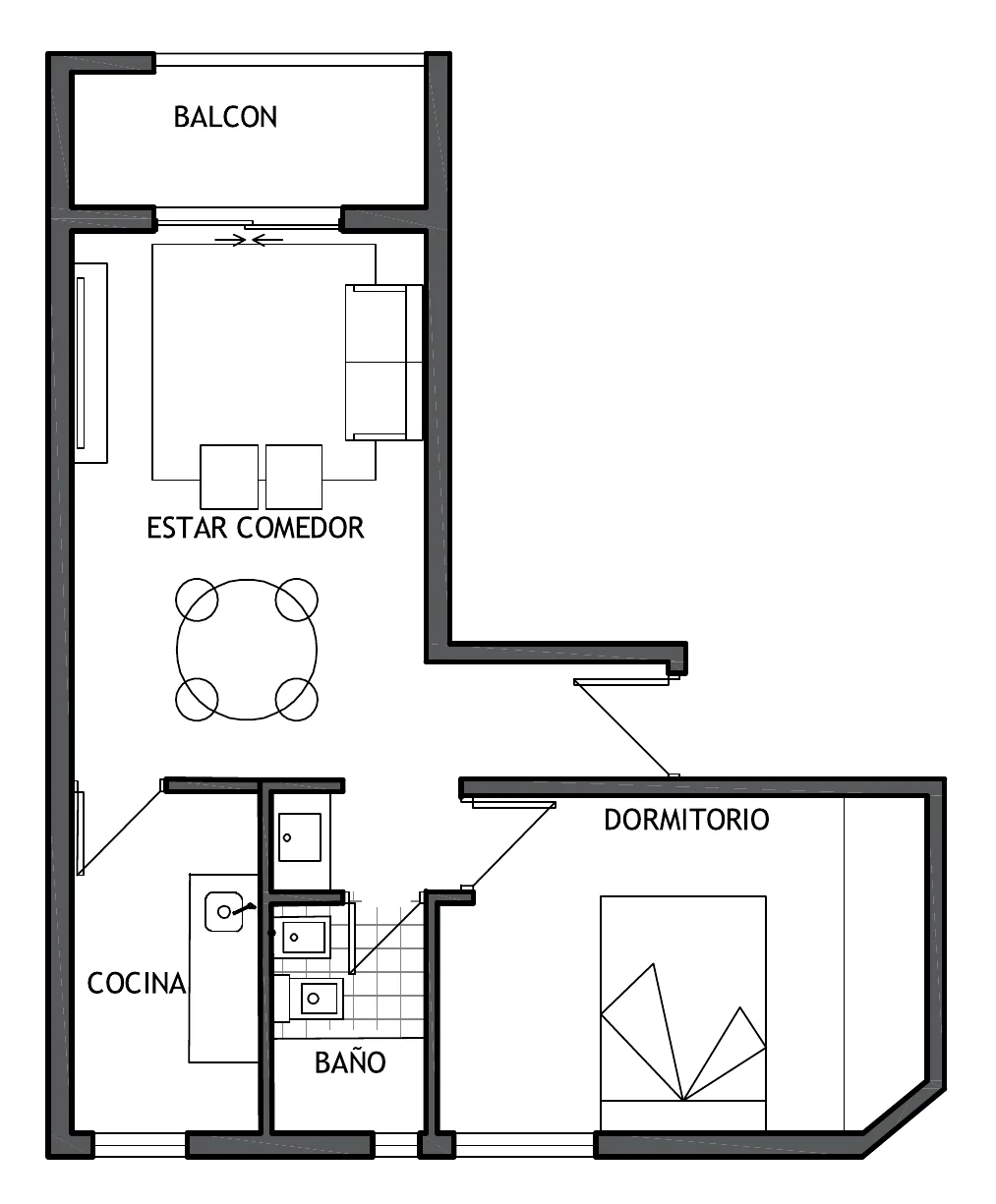 Planta en L de la unidad E: balcón, estar-comedor, cocina, baño y dormitorio