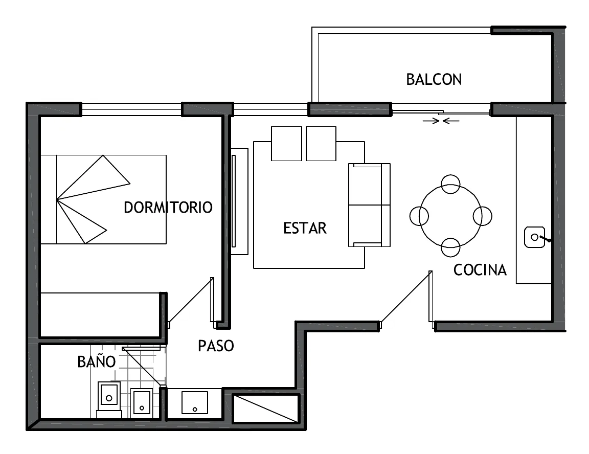Planta de la unidad F: dormitorio, estar y comedor en el centro, cocina, baño, paso y balcón