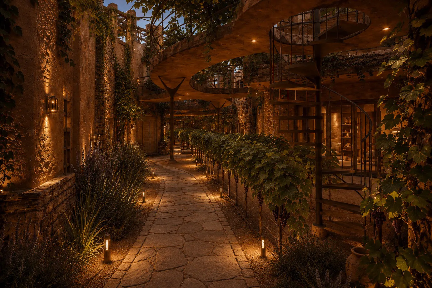 Render nocturno de la caminería de Raíces: sendero de lajas iluminado con balizas bajas, entre un muro de piedra con faroles y una hilera de parras, con pasarelas curvas en altura y una escalera caracol de hierro a la derecha.