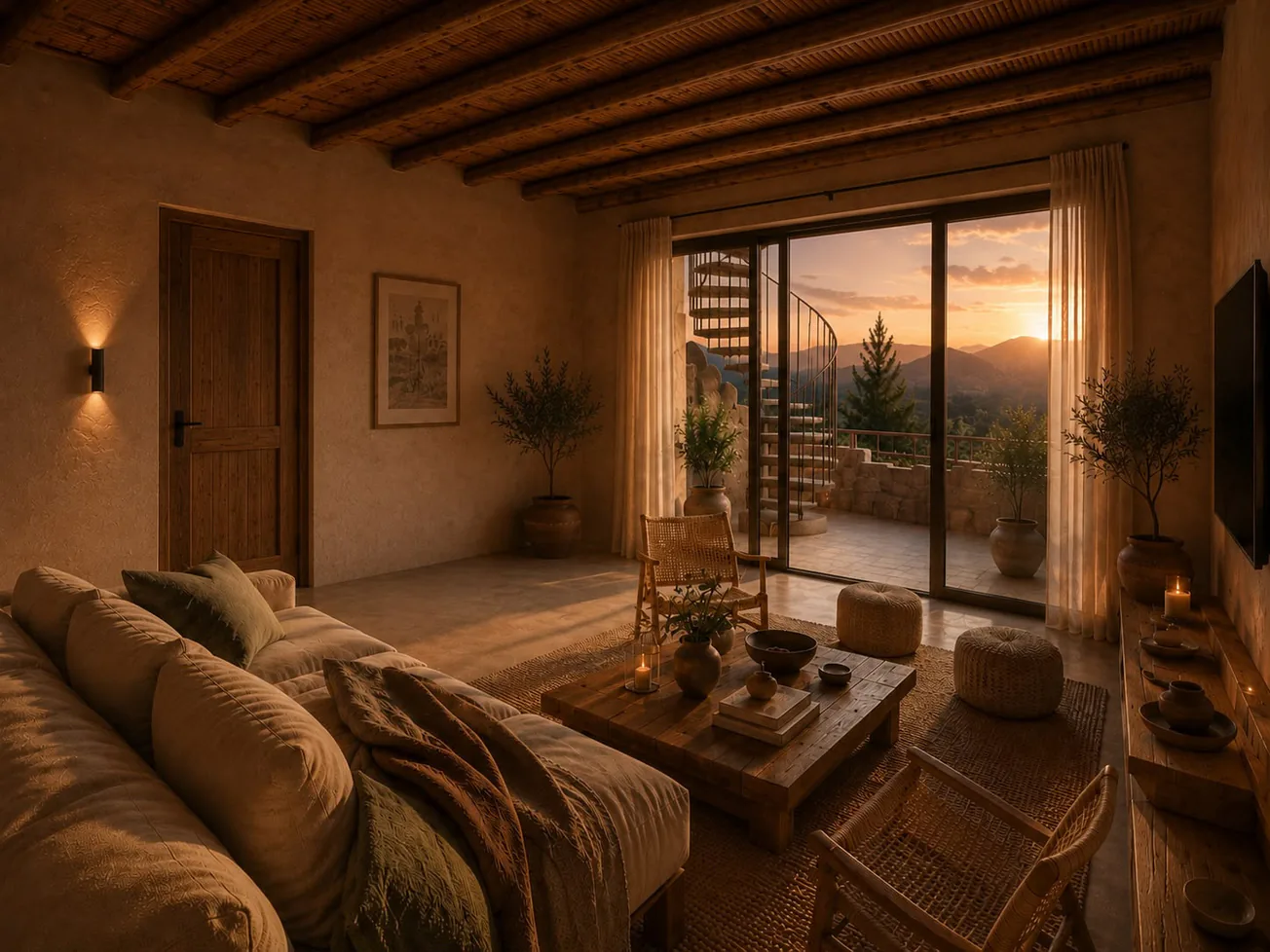 Render del living-comedor de planta baja: techo de vigas de madera, mesa de comedor de madera con sillas, dos sillones de cuero trenzado sobre alfombra, nichos iluminados con cerámicas y la cocina al fondo junto a una ventana.