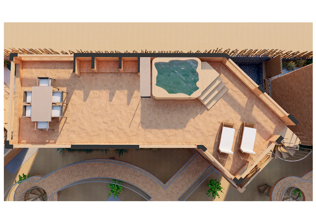 Vista desde arriba de la terraza privada de la tipología 2: mesa rectangular con sillas, hidromasaje con escalones, dos reposeras blancas y la llegada de la escalera caracol.