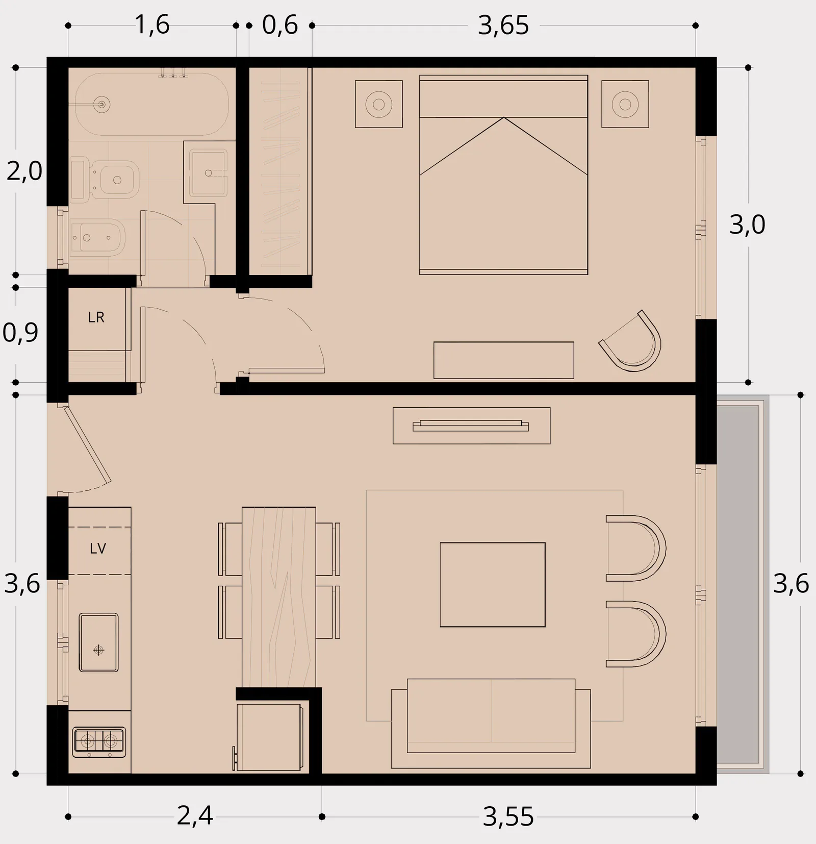 Planta del depto F: dormitorio con placard, baño, lugar para lavarropas, cocina en línea abierta al living-comedor y balcón, con cotas en metros