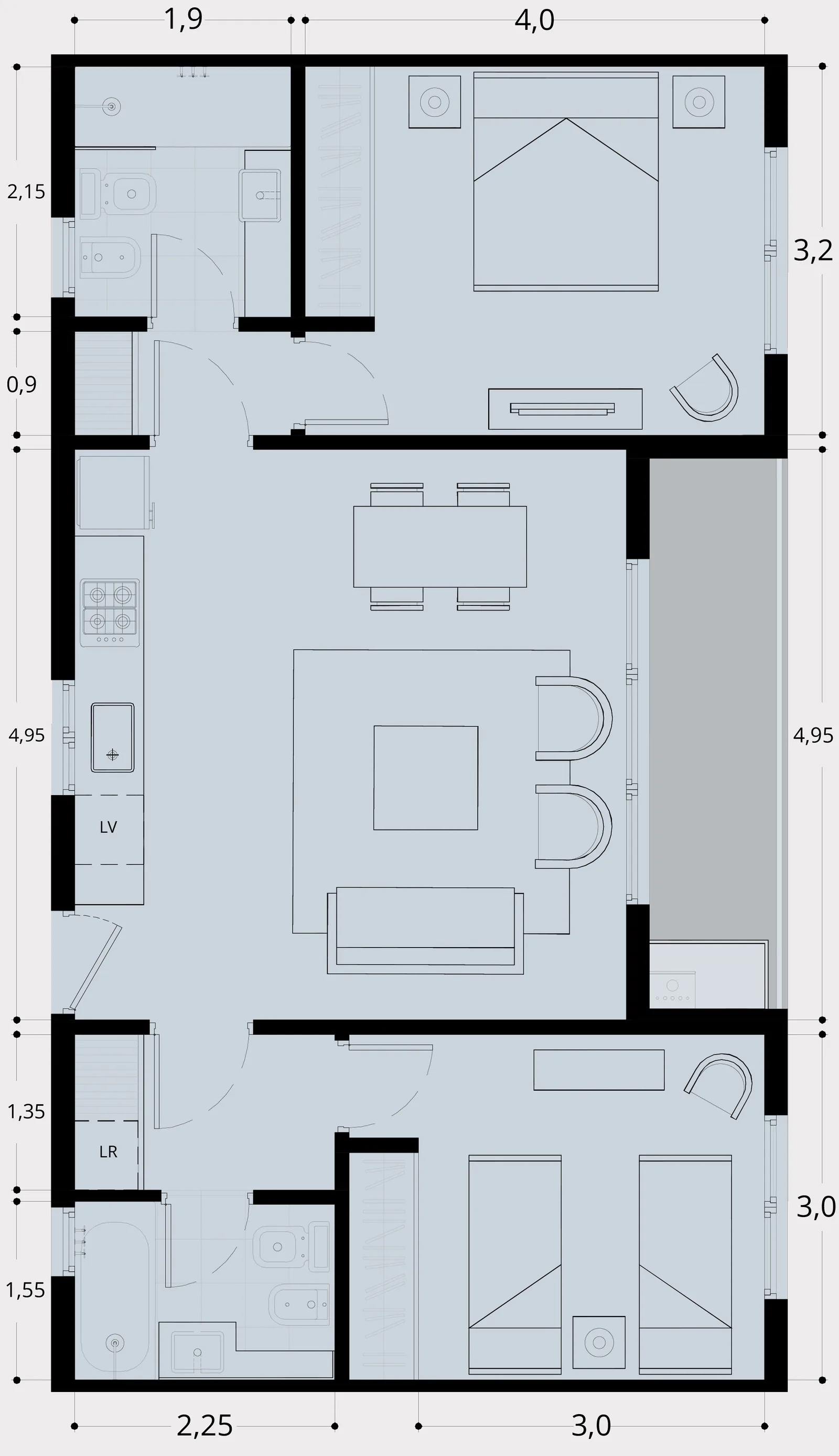 Planta de los deptos L y E: dos dormitorios en los extremos, dos baños, lugar para lavarropas, cocina en línea y living-comedor central con balcón, con cotas en metros