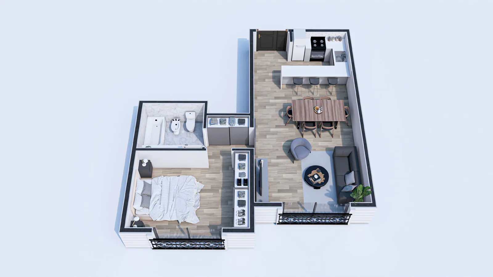 Planta 3D amueblada del departamento de un dormitorio de la torre Central: dormitorio con placard, baño completo, cocina con barra, mesa de comedor larga y living con balcón francés