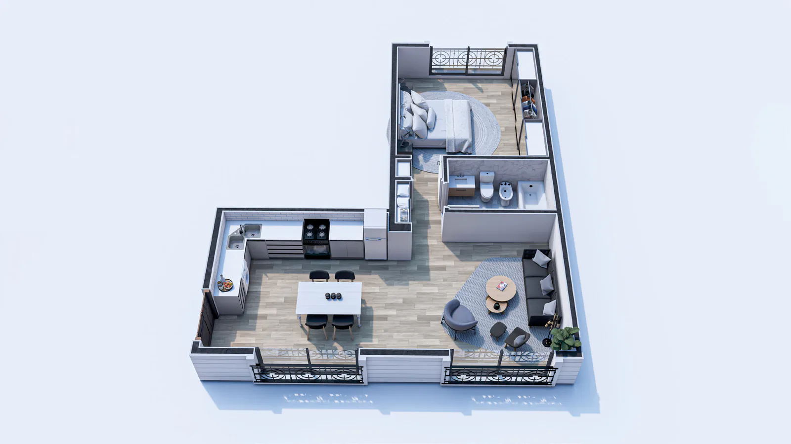 Planta 3D amueblada en L del departamento de un dormitorio de la torre Central: dormitorio al fondo, baño completo, cocina en línea, comedor para cuatro y living con dos balcones franceses