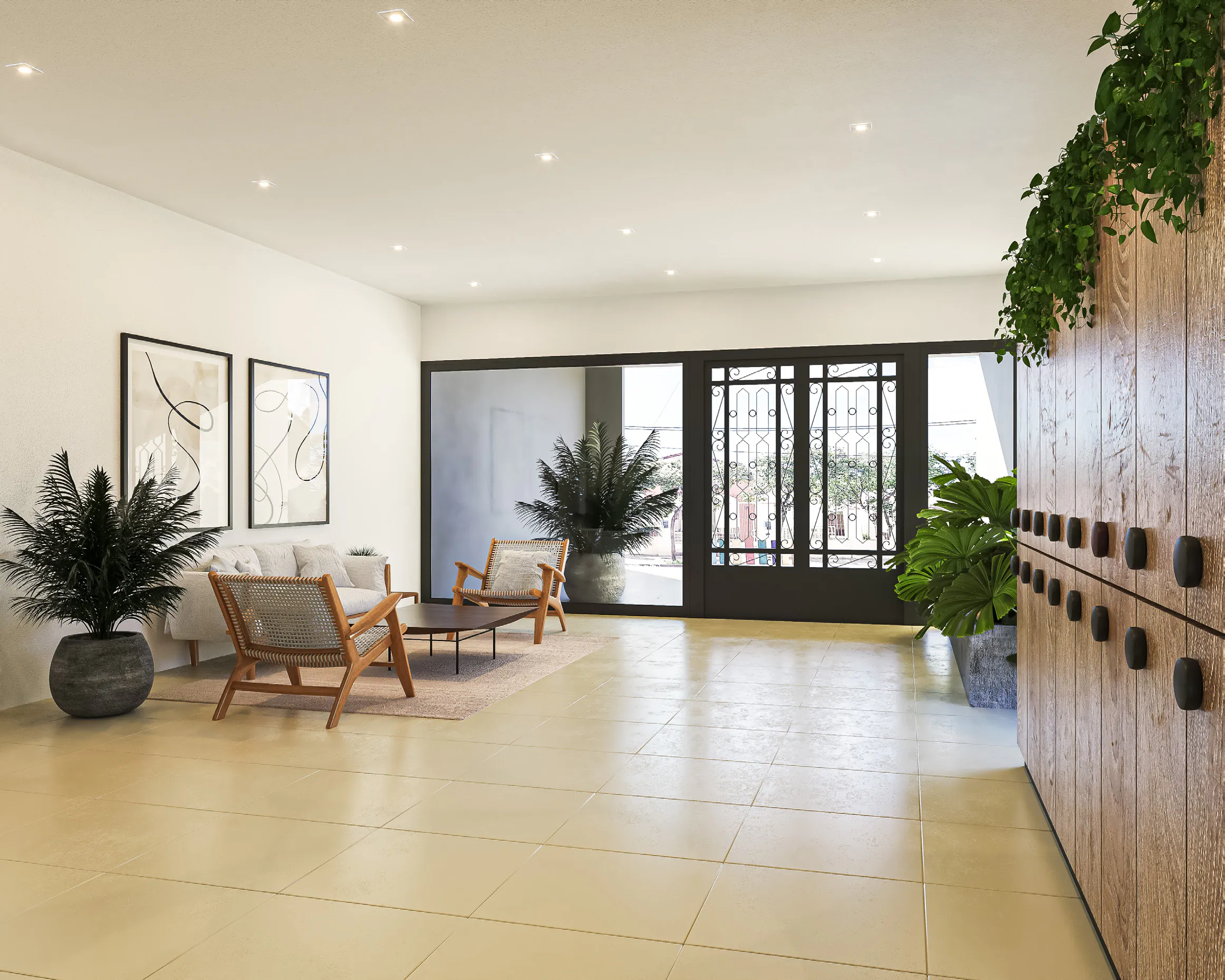 Espacio común de planta baja con piso claro, sillones de madera, plantas, un muro revestido en madera con plantas colgantes y una puerta de hierro y vidrio hacia la vereda