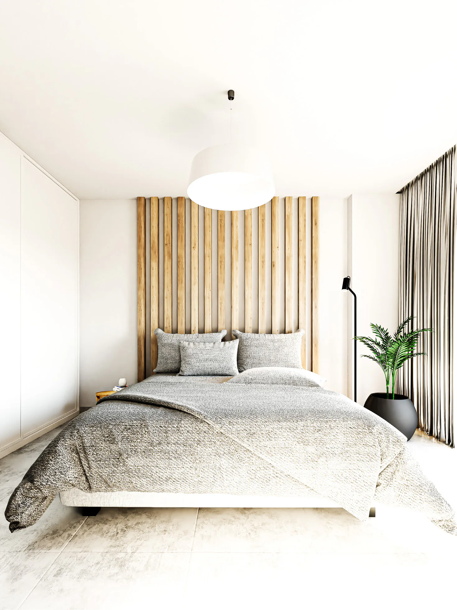 Dormitorio con respaldo de listones de madera hasta el techo, cama con acolchado gris, lámpara colgante blanca, placard blanco y cortinas oscuras