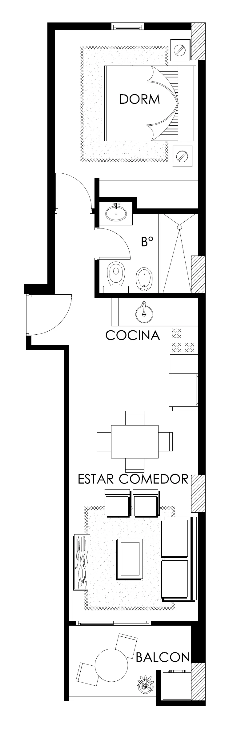 Planta de la unidad A de los pisos 1 a 4: dormitorio, baño, cocina, estar-comedor y balcón