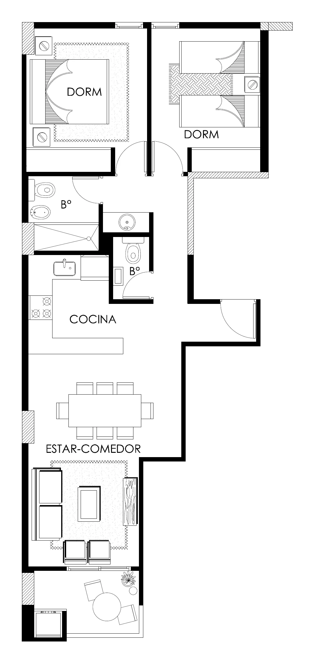 Planta de la unidad C: dos dormitorios, baño y toilette, cocina, estar-comedor y balcón