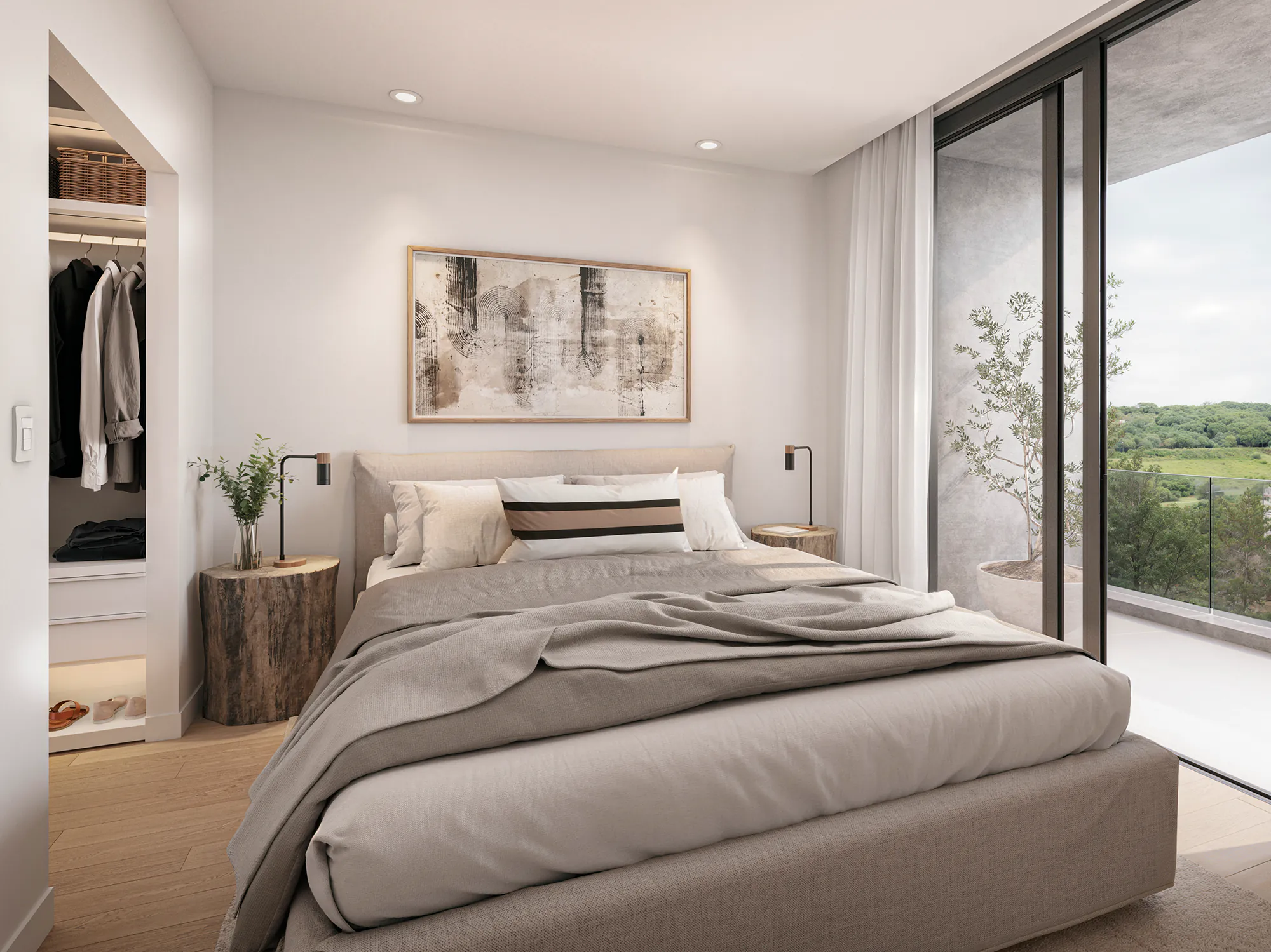 Dormitorio con cama doble, placard abierto, mesa de luz de tronco y ventanal corredizo hacia un balcón con vista a la arboleda.